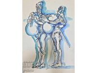 Petăr Rashkov tablou acuarelă / tuș lăutari