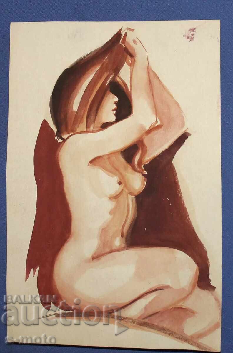 Παλιός πίνακας ακουαρέλα πορτρέτο γυμνό σώμα με τιμή 240.00 BGN | € 122.71