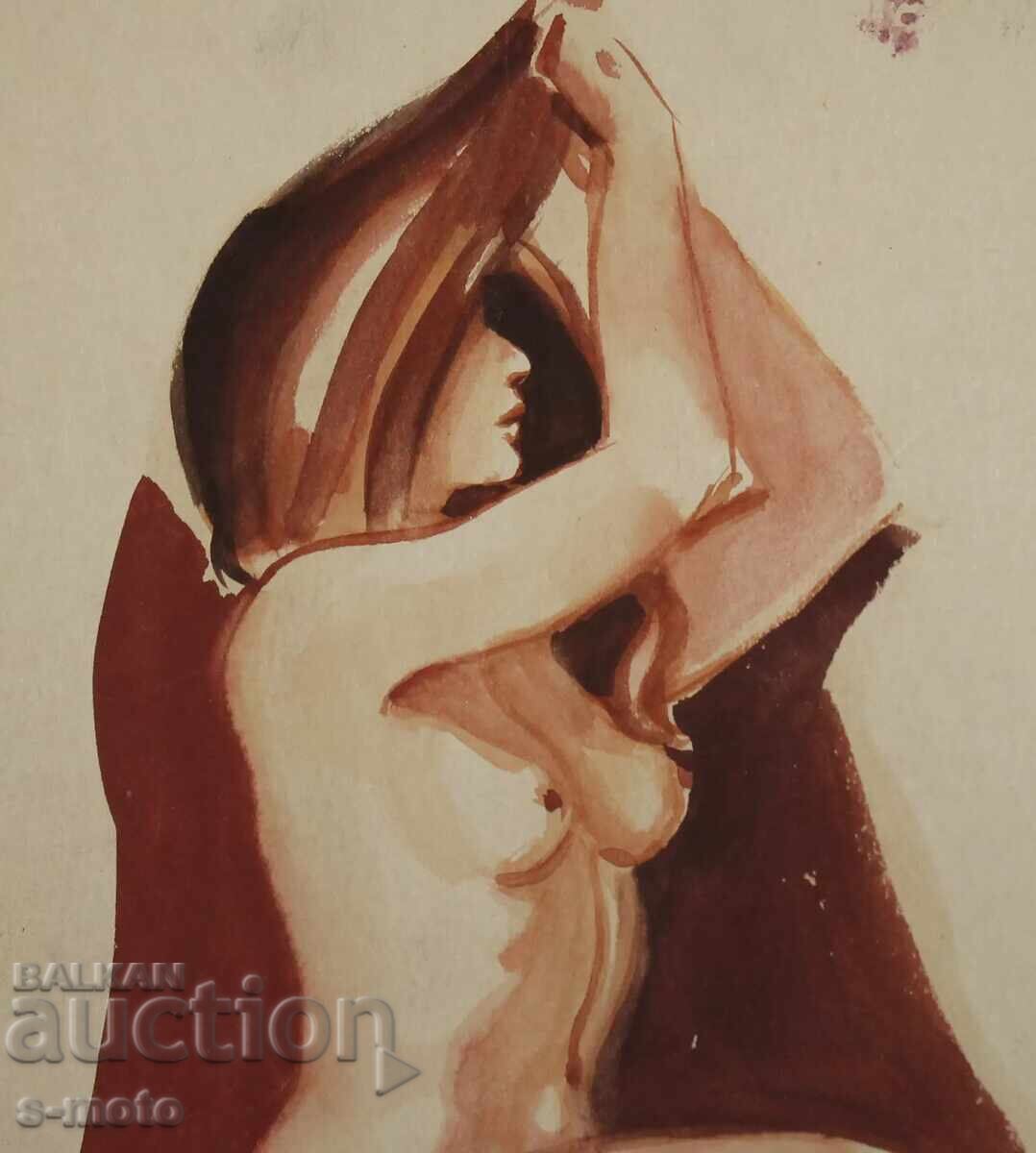Δημοπρασία Παλιός πίνακας ακουαρέλα πορτρέτο γυμνό σώμα