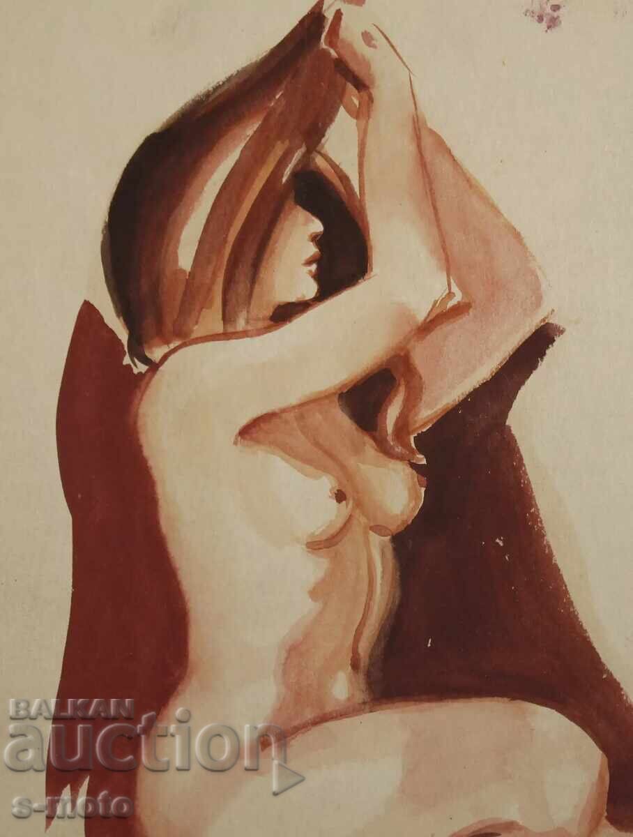 Παράδοση Παλιός πίνακας ακουαρέλα πορτρέτο γυμνό σώμα