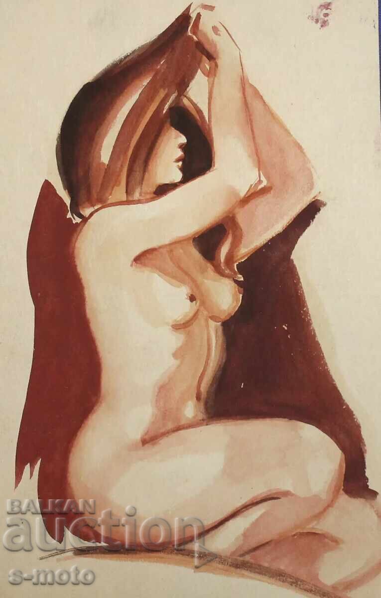 Παλιός πίνακας ακουαρέλα πορτρέτο γυμνό σώμα