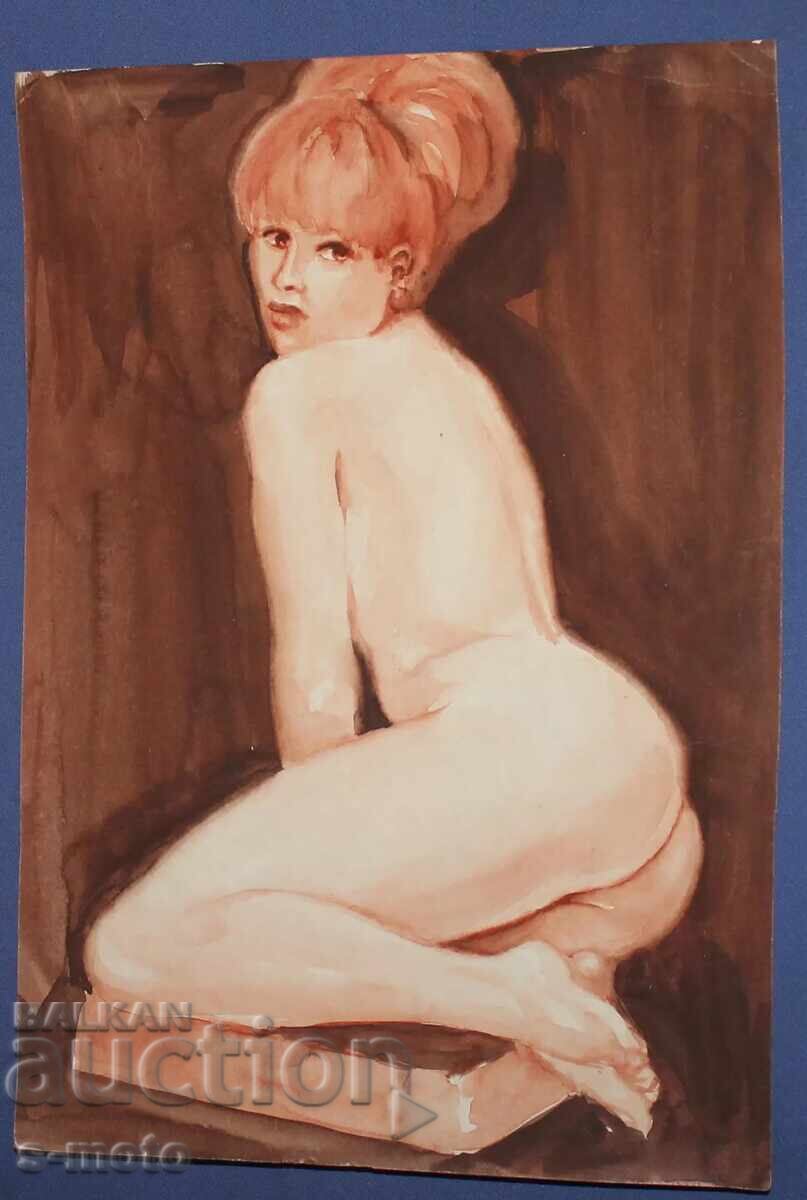 Παλιός πίνακας ακουαρέλα πορτρέτο γυμνό σώμα με τιμή 240.00 BGN | € 122.71