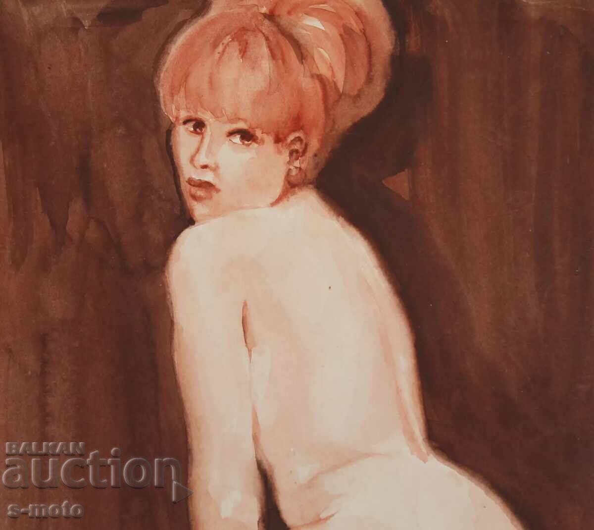 Δημοπρασία Παλιός πίνακας ακουαρέλα πορτρέτο γυμνό σώμα