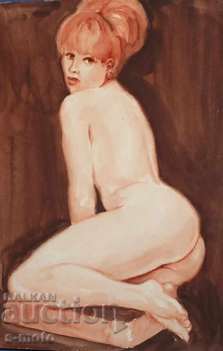 Παλιός πίνακας ακουαρέλα πορτρέτο γυμνό σώμα