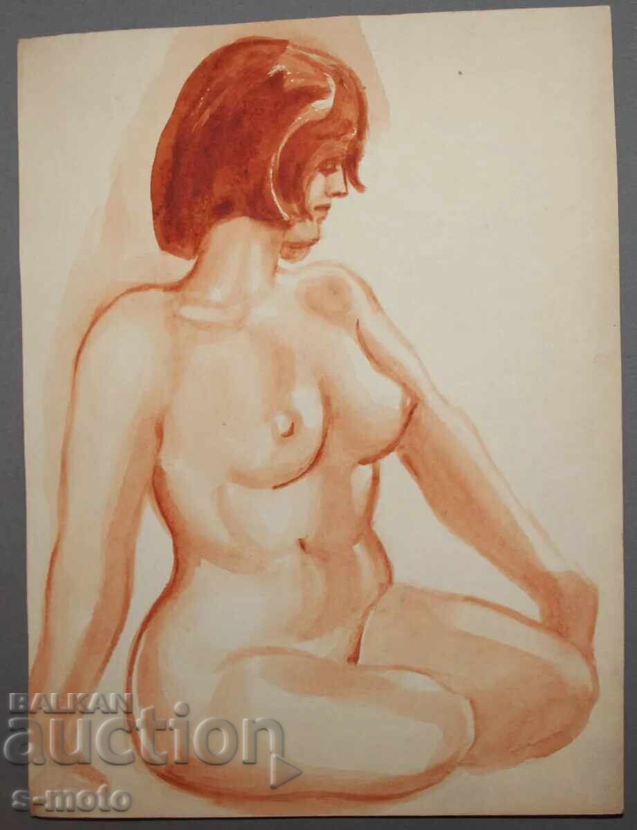 Δημοπρασία Παλιός πίνακας ακουαρέλα πορτρέτο γυμνό σώμα