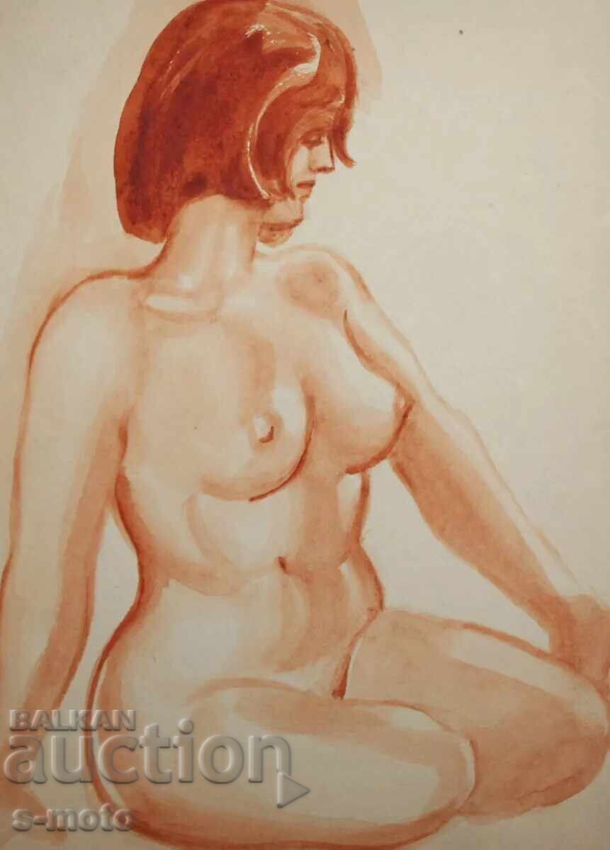 Παράδοση Παλιός πίνακας ακουαρέλα πορτρέτο γυμνό σώμα