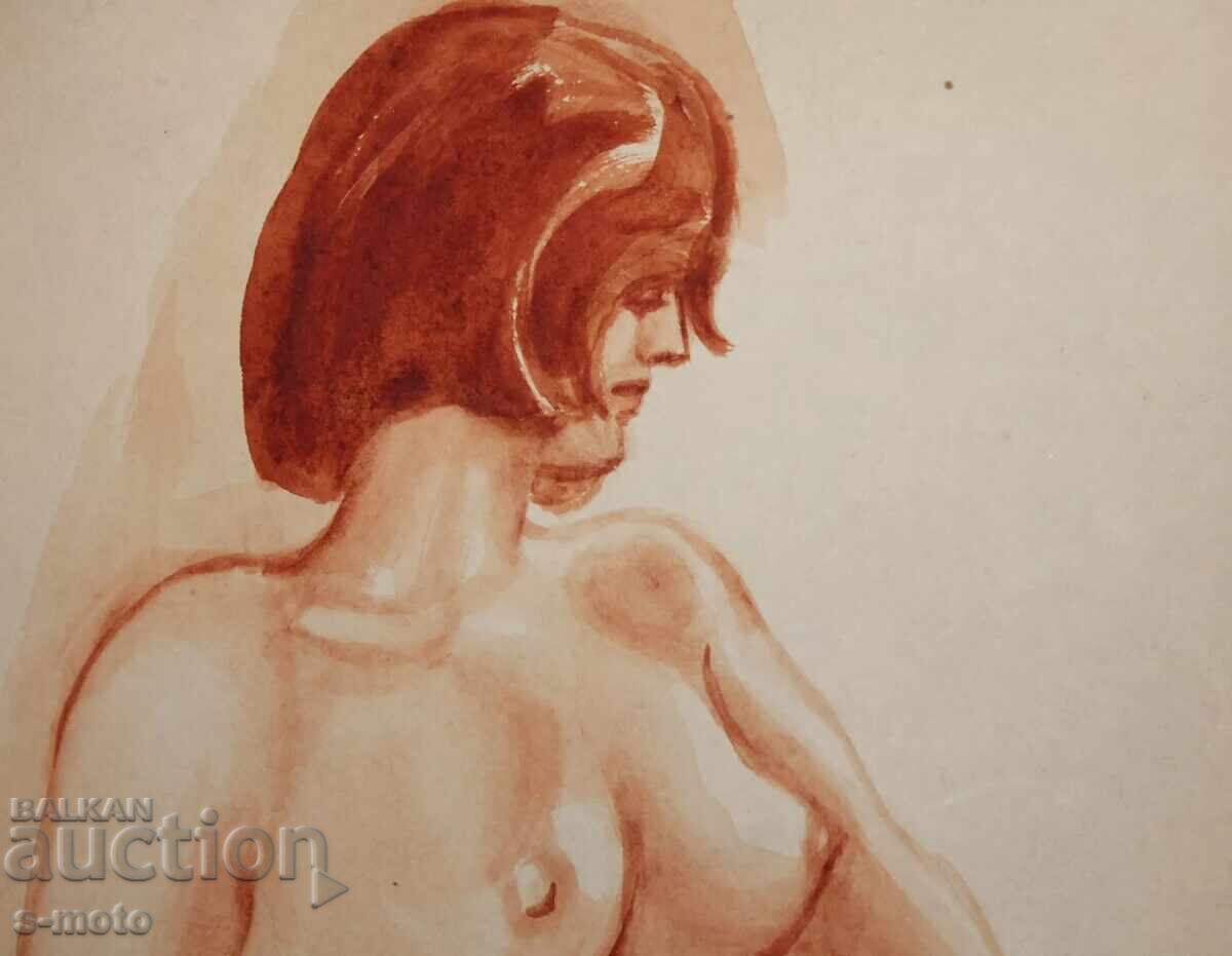 Παλιός πίνακας ακουαρέλα πορτρέτο γυμνό σώμα - 5