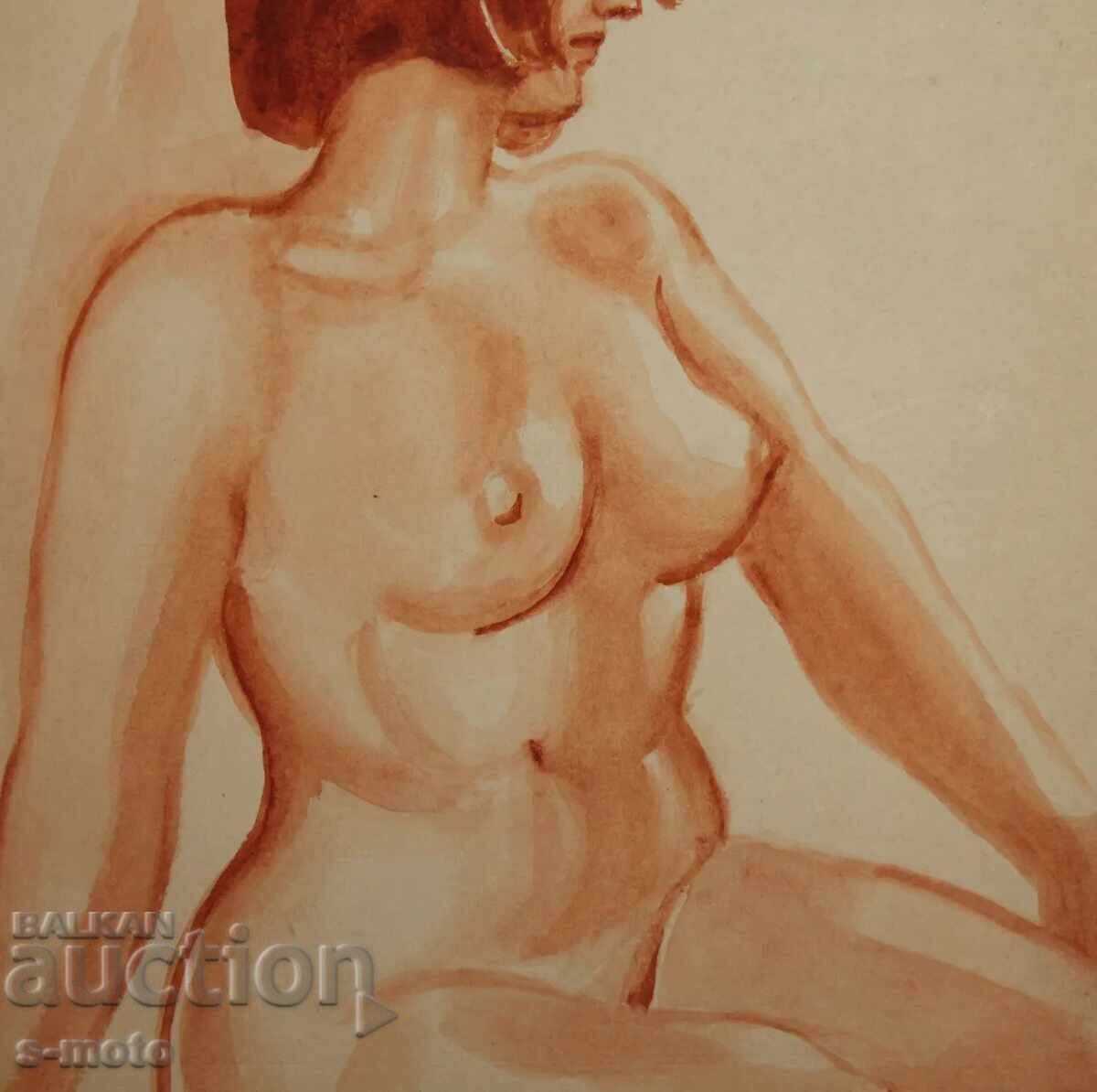 Παλιός πίνακας ακουαρέλα πορτρέτο γυμνό σώμα - 6