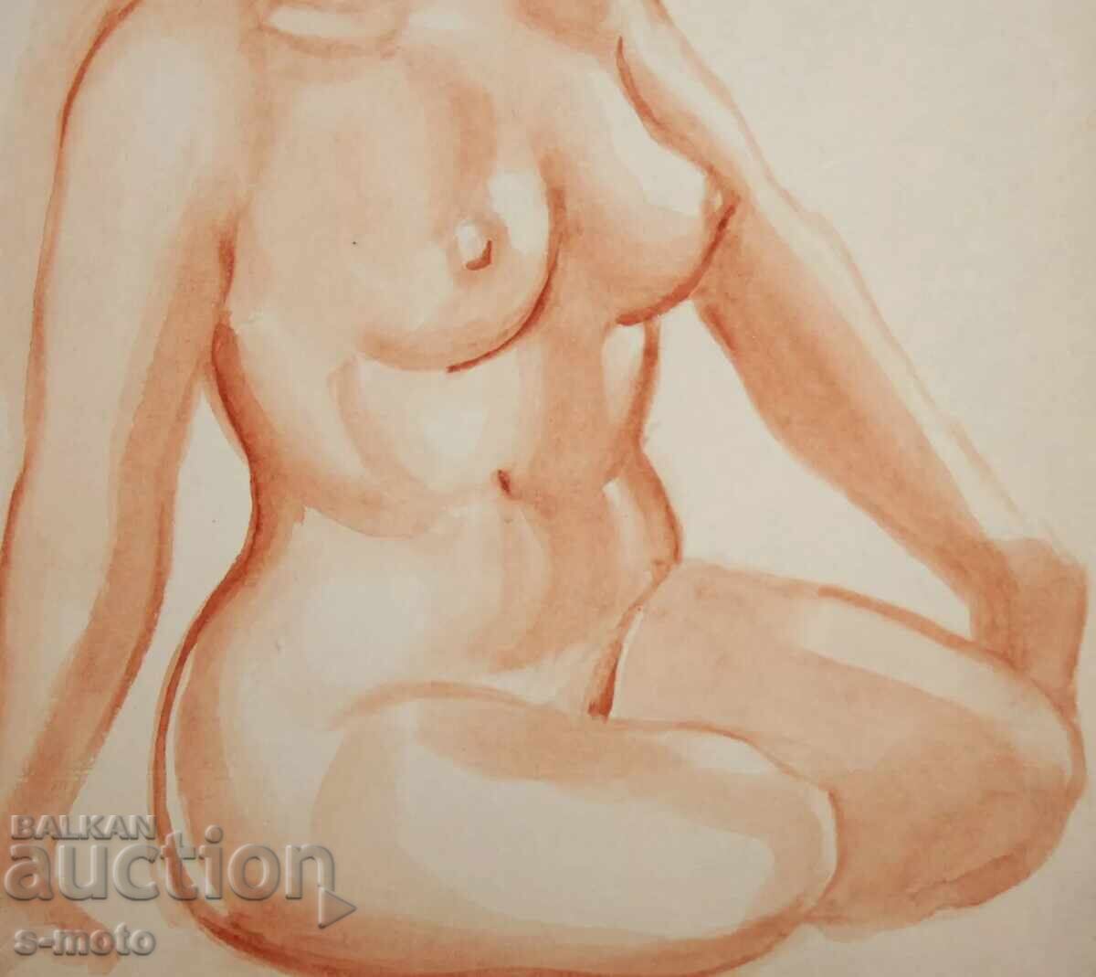 Παλιός πίνακας ακουαρέλα πορτρέτο γυμνό σώμα - 7