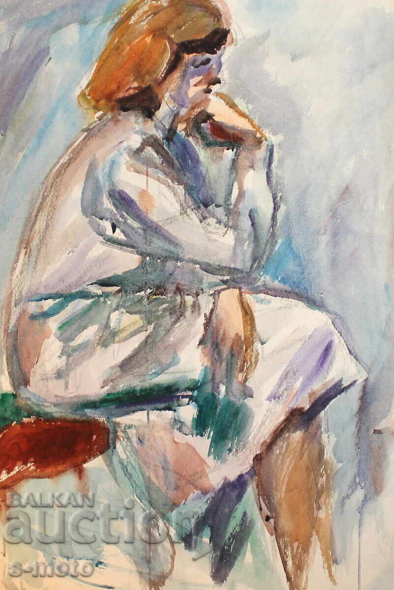 Kартина акварел портрет на седяща жена с цена 300.00 лв. | € 153.39