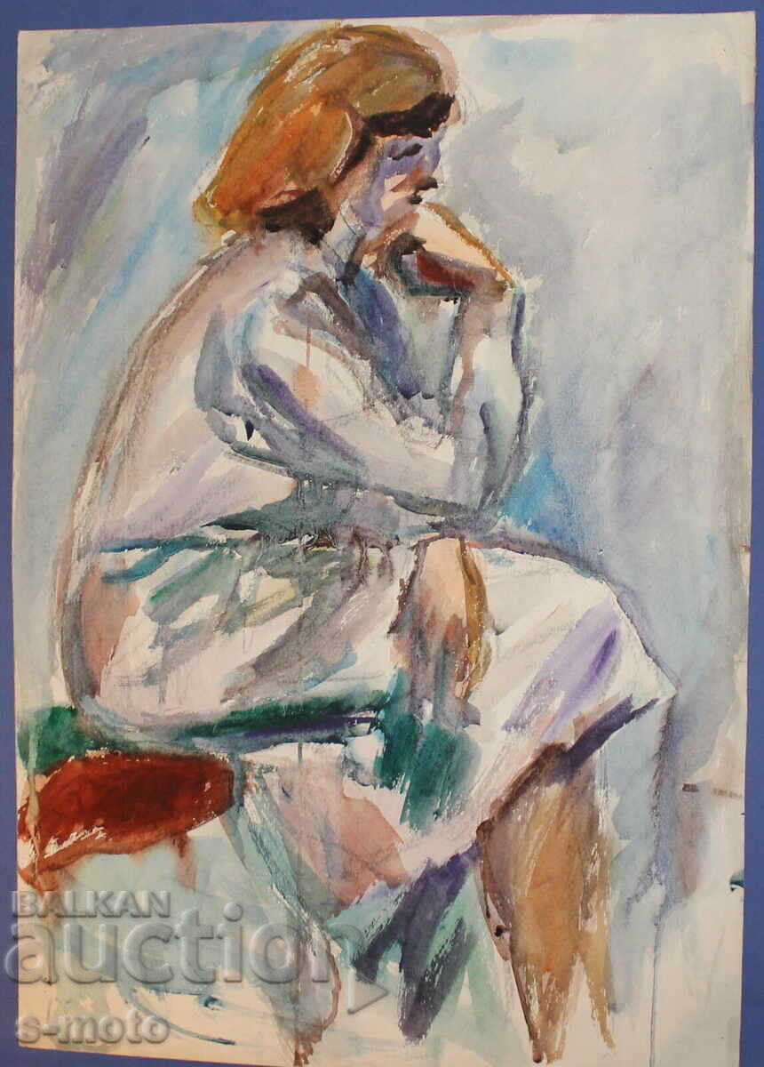 Аукцион Kартина акварел портрет на седяща жена