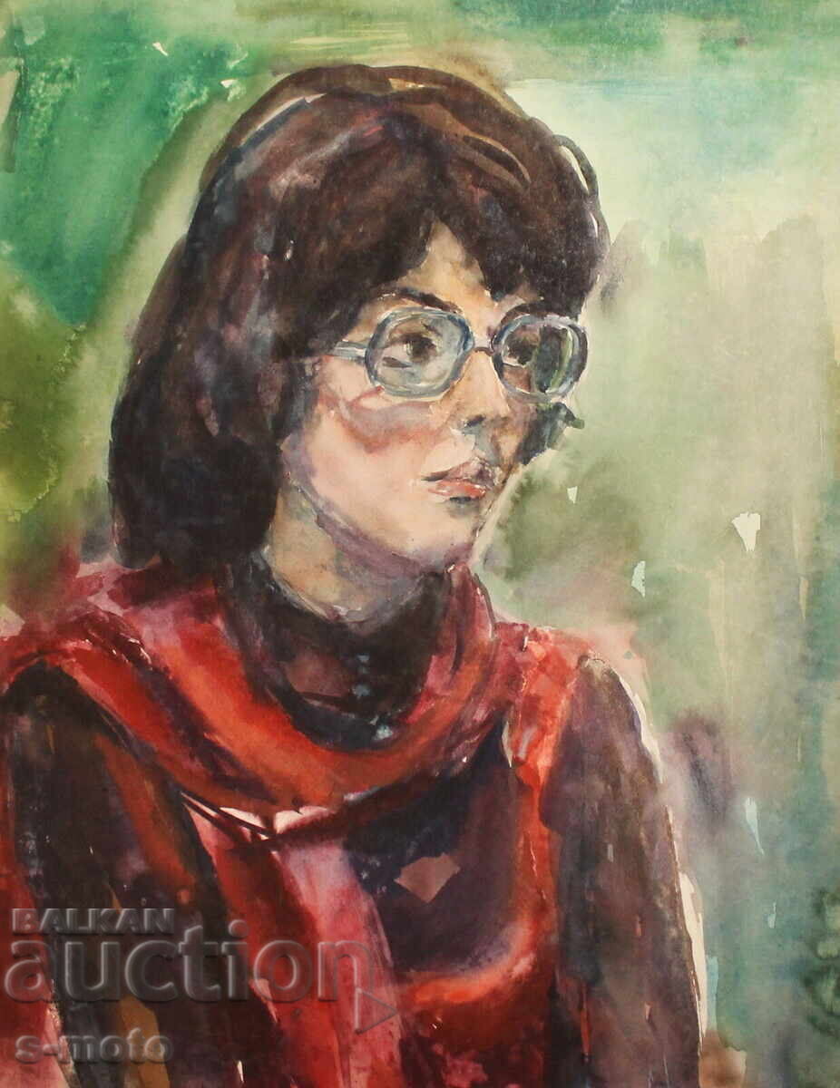 Watercolor portrait of a woman with glasses with price 300.00 BGN | € 153.39 Watercolor portrait of a woman with glasses with price 300.00 BGN | € 153.39