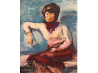 Watercolor portrait painting of a seated woman