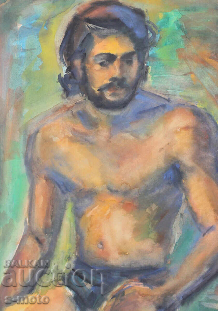 Licitație Tablou acuarelă portret bărbat corp gol