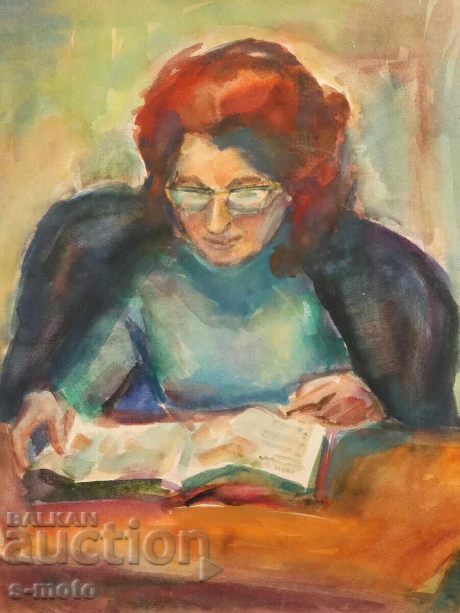 Аукцион Kартина акварел портрет на четяща жена