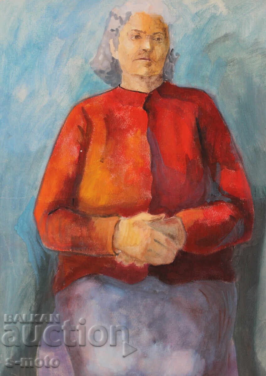 Watercolor portrait painting of a seated woman