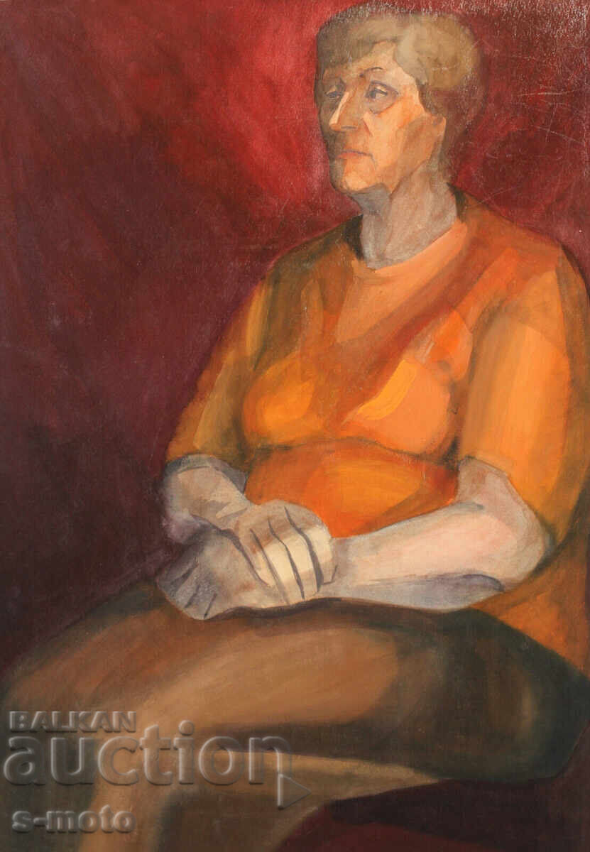Watercolor portrait painting of a seated woman