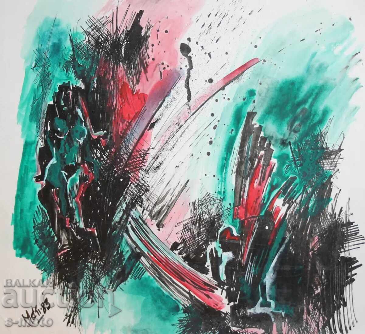 Auction  Abstract watercolor painting signed, 1983