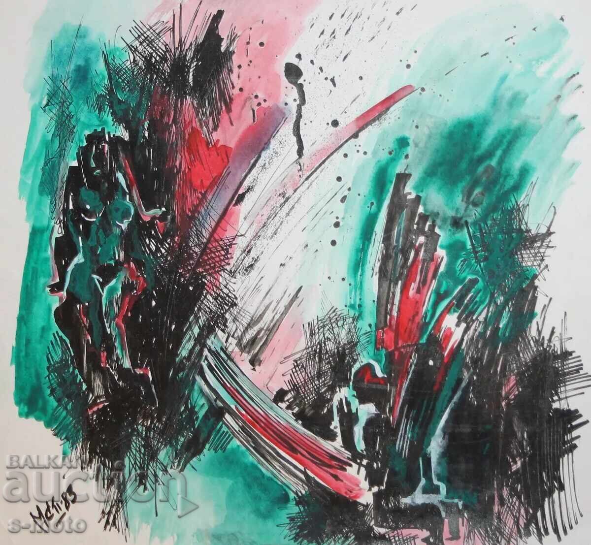 Abstract watercolor painting signed, 1983