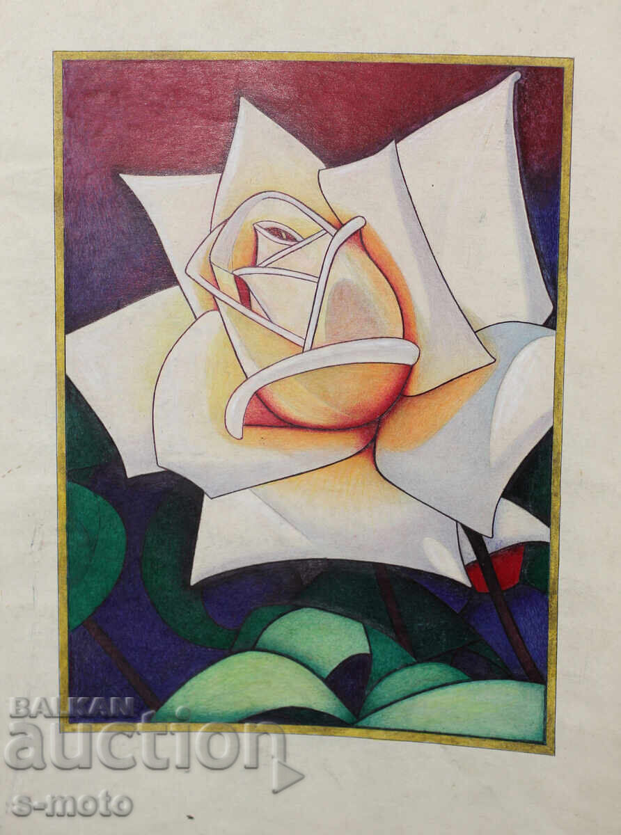 Аукцион Kартина акварел / туш натюрморт с роза Аукцион Kартина акварел / туш натюрморт с роза