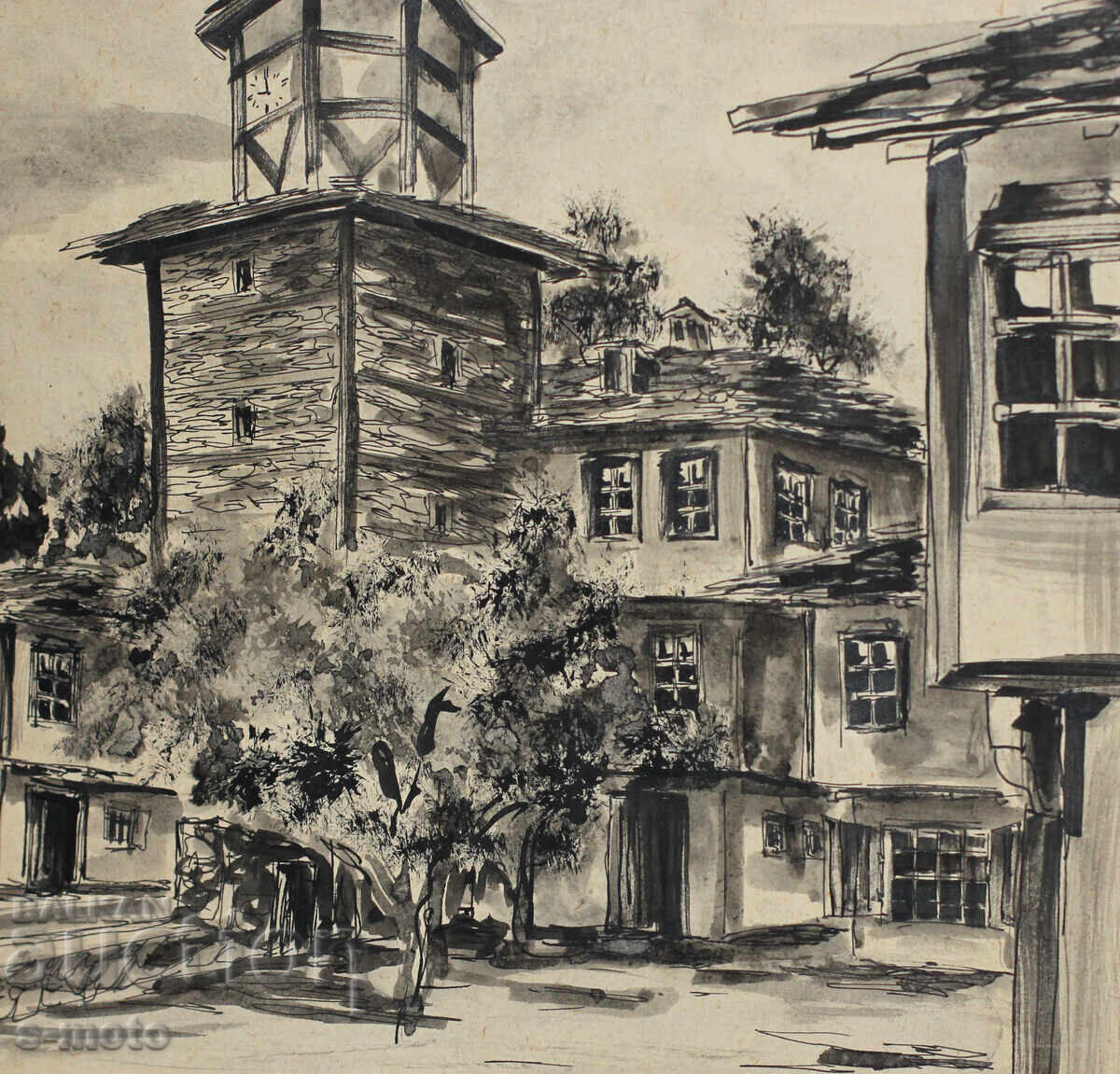 Old ink painting, landscape from Tryavna, signed - 5 Old ink painting, landscape from Tryavna, signed - 5