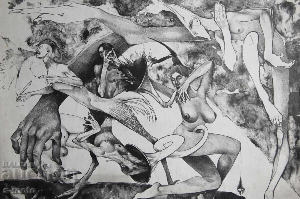 Graphics, figurative composition, nude bodies