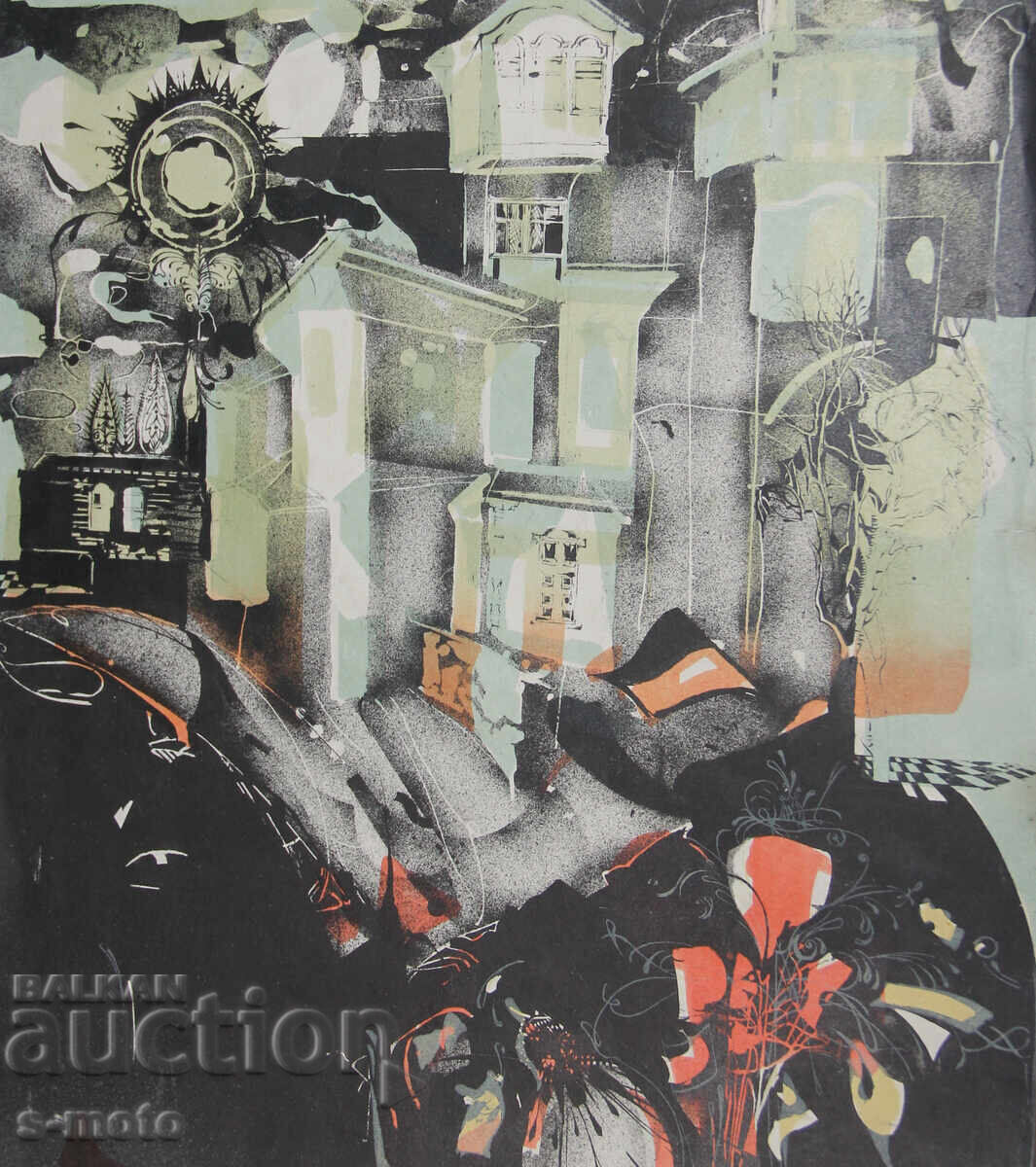 Γραφικά, φιγούρες λιθογραφία, αφηρημένο τοπίο με τιμή 270.00 BGN | € 138.05