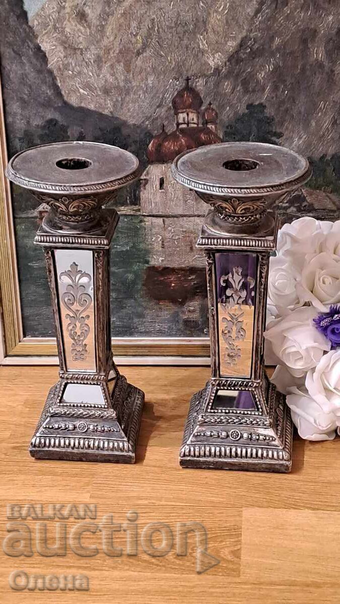 Set de sfeșnice vintage cu decorațiuni oglindă