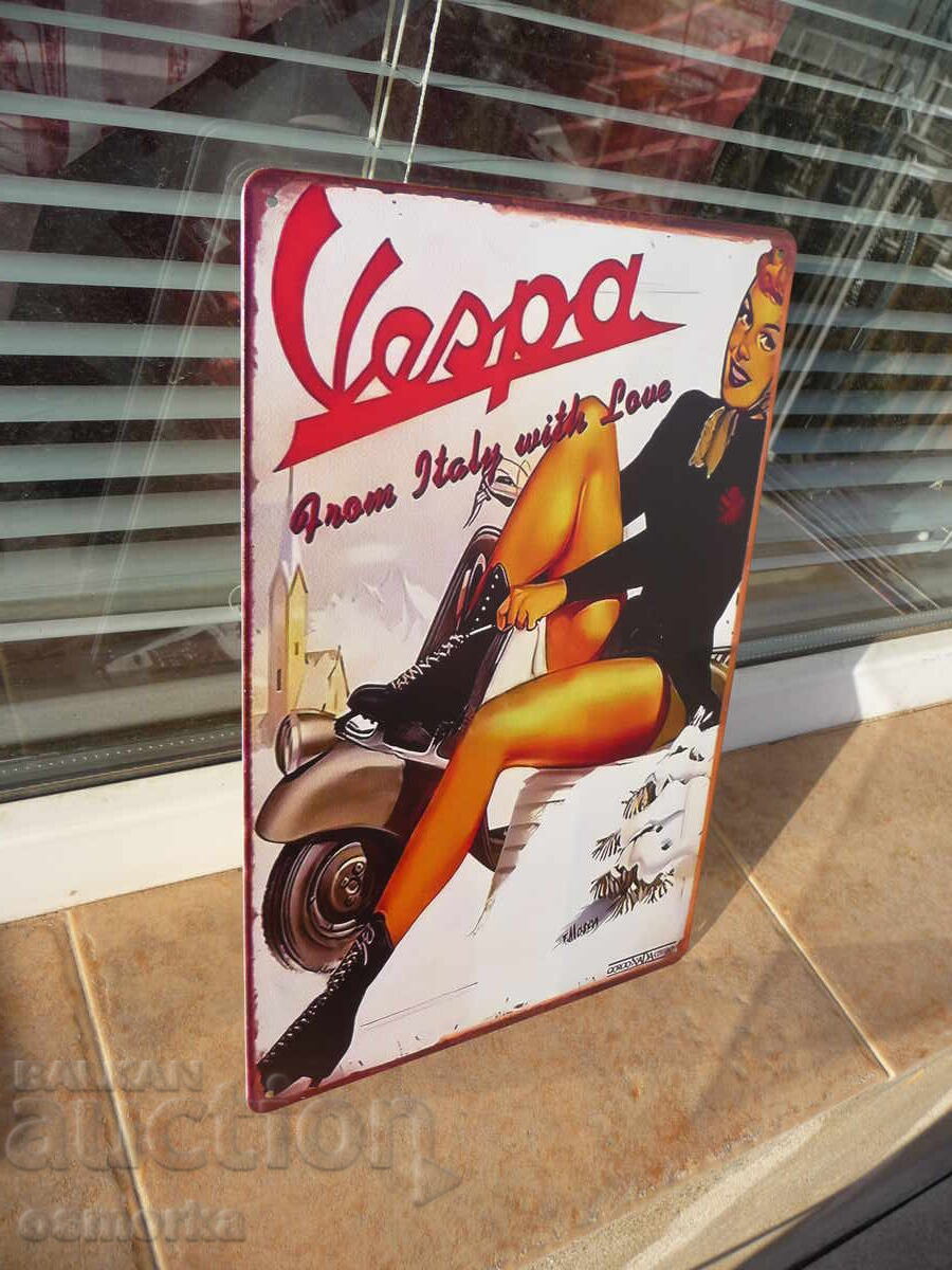 Plăcuță metalică Vespa Din Italia cu dragoste scuter motor motoreta cu preț 18.00 BGN | € 9.20 Plăcuță metalică Vespa Din Italia cu dragoste scuter motor motoreta cu preț 18.00 BGN | € 9.20
