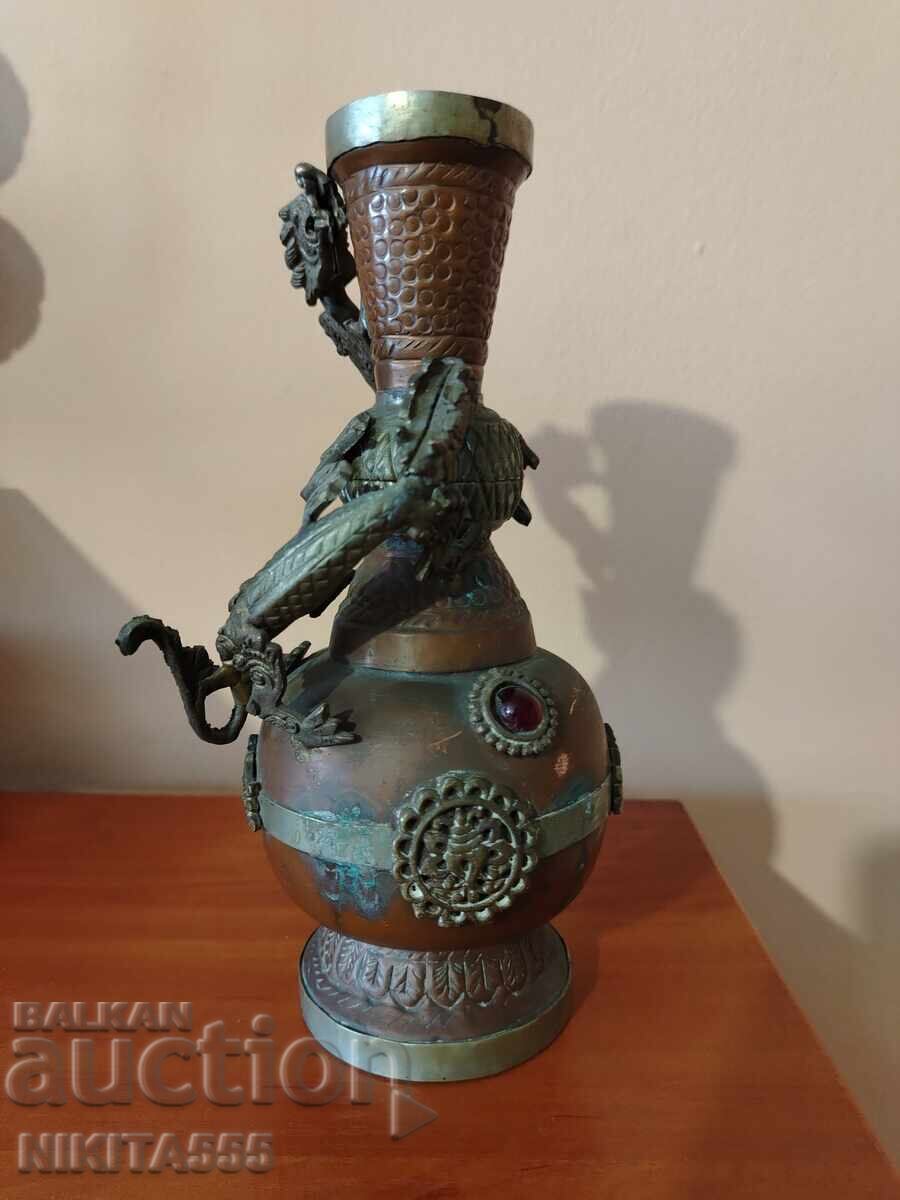Vază antică chineză asiatică din cupru cu dragon, din secolul al XIX-lea