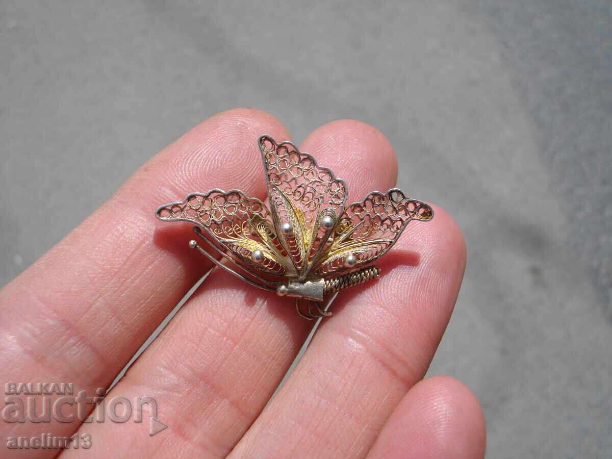 OLD SILVER BROOCH BUTTERFLY FILIGREE