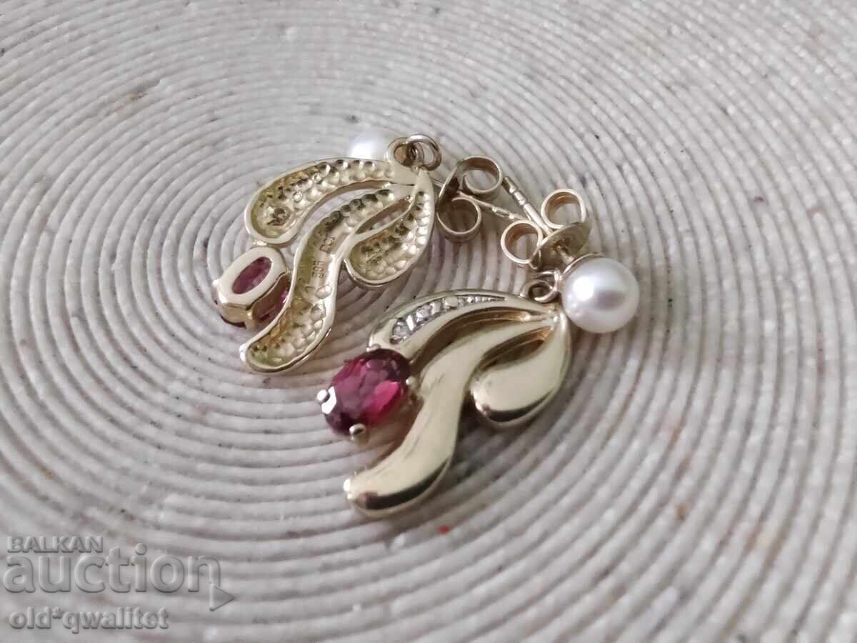 Обици, Злато 585, камък:Гранат Диаманти Перли с цена 997.00 лв. | € 509.76 Обици, Злато 585, камък:Гранат Диаманти Перли с цена 997.00 лв. | € 509.76