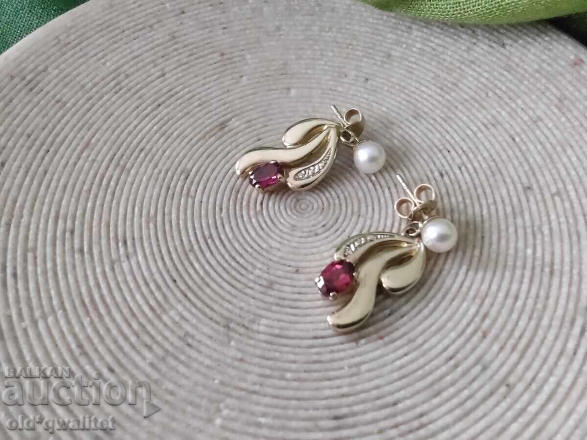 Обици, Злато 585, камък:Гранат Диаманти Перли - 5 Обици, Злато 585, камък:Гранат Диаманти Перли - 5