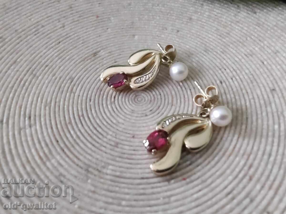 Обици, Злато 585, камък:Гранат Диаманти Перли - 6 Обици, Злато 585, камък:Гранат Диаманти Перли - 6