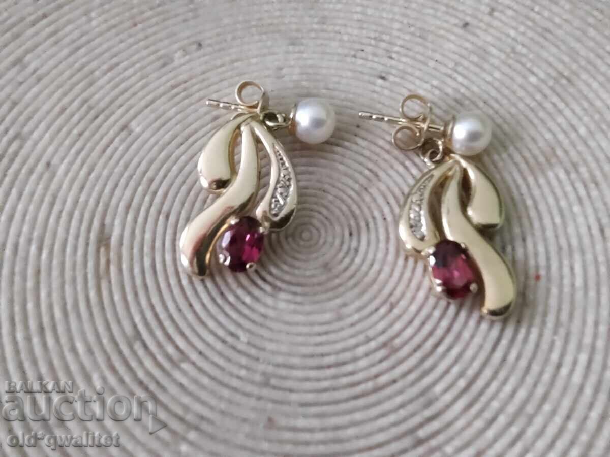 Обици, Злато 585, камък:Гранат Диаманти Перли - 7 Обици, Злато 585, камък:Гранат Диаманти Перли - 7