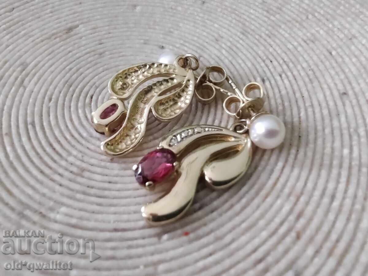 Обици, Злато 585, камък:Гранат Диаманти Перли Обици, Злато 585, камък:Гранат Диаманти Перли