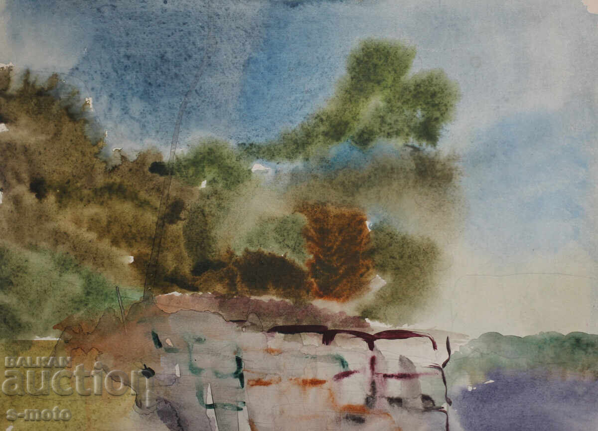 Livrarea Veche acuarelă peisaj marin Livrarea Veche acuarelă peisaj marin