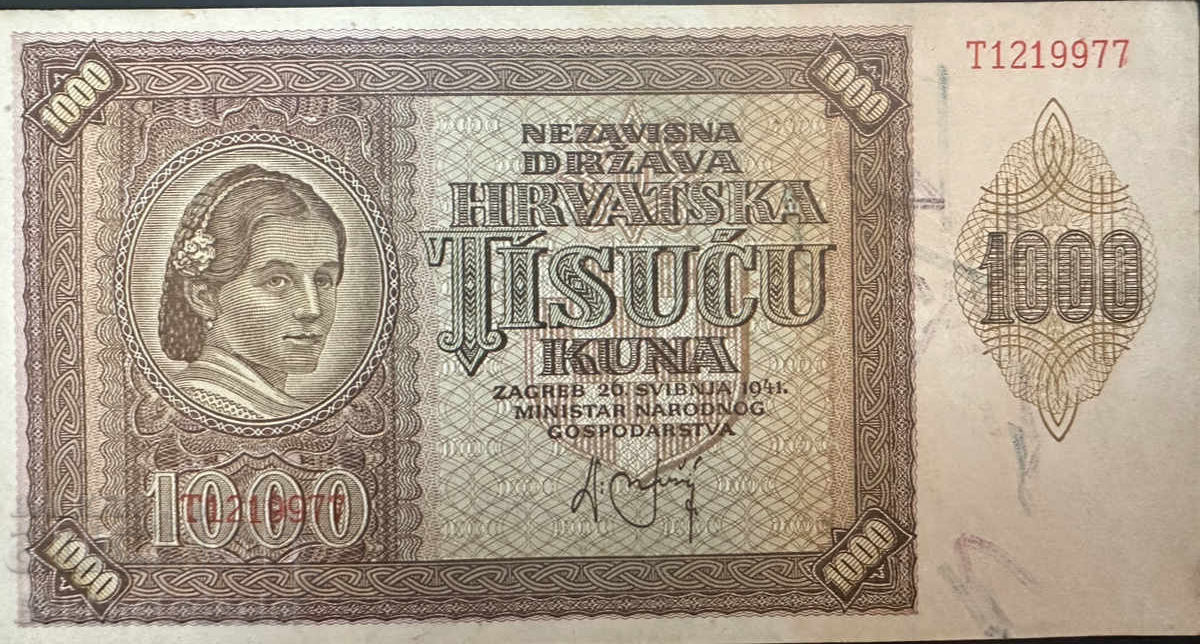 Croația 1000 Kuna 1941 Pick 4a Ref 2380 Unc