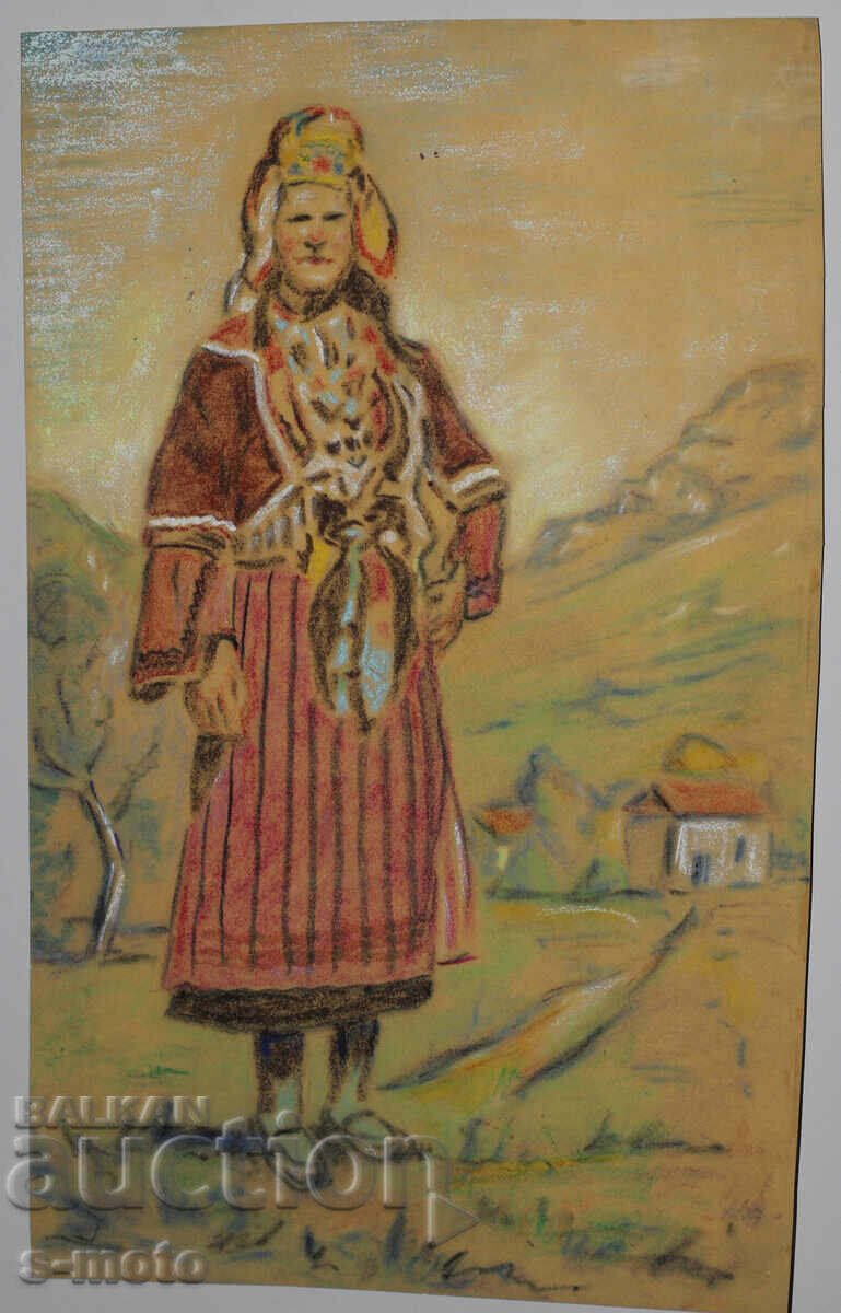 Auction Old pastel painting portrait of a woman in traditional costume Auction Old pastel painting portrait of a woman in traditional costume