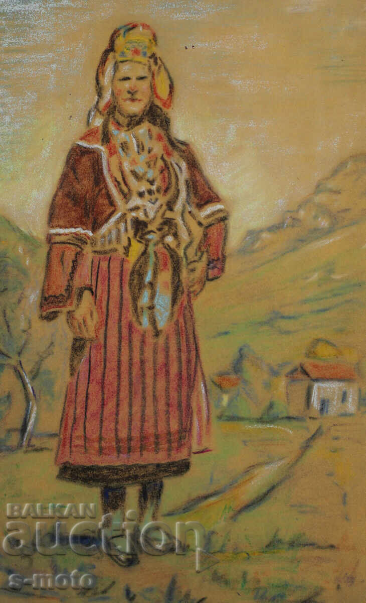 Old pastel painting portrait of a woman in traditional costume Old pastel painting portrait of a woman in traditional costume