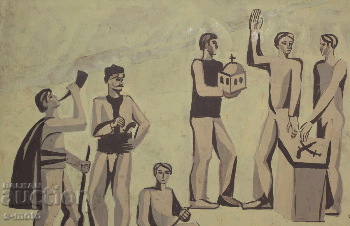 Tablou vechi guașă figuri - 5 Tablou vechi guașă figuri - 5