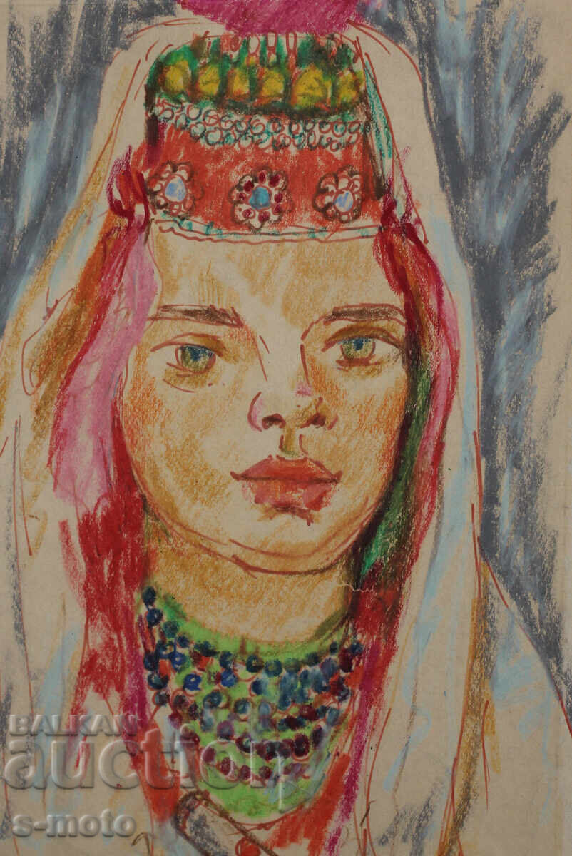 Стара картина пастел портрет жена в носия с цена 200.00 лв. | € 102.26