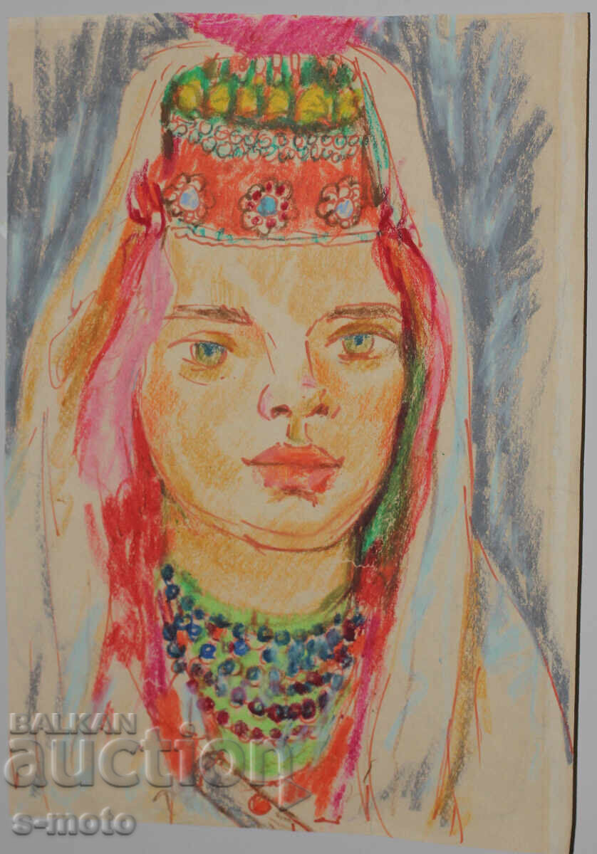 Аукцион Стара картина пастел портрет жена в носия