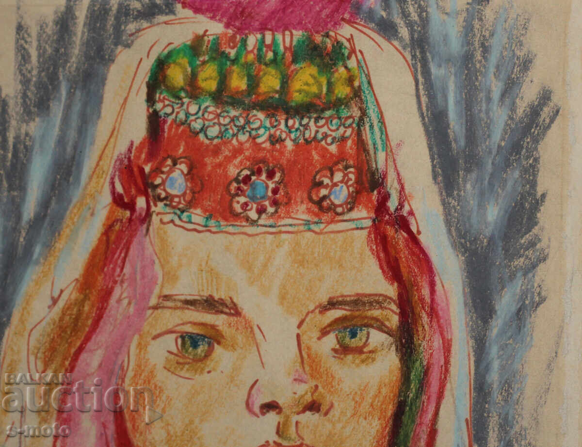 Доставка на Стара картина пастел портрет жена в носия