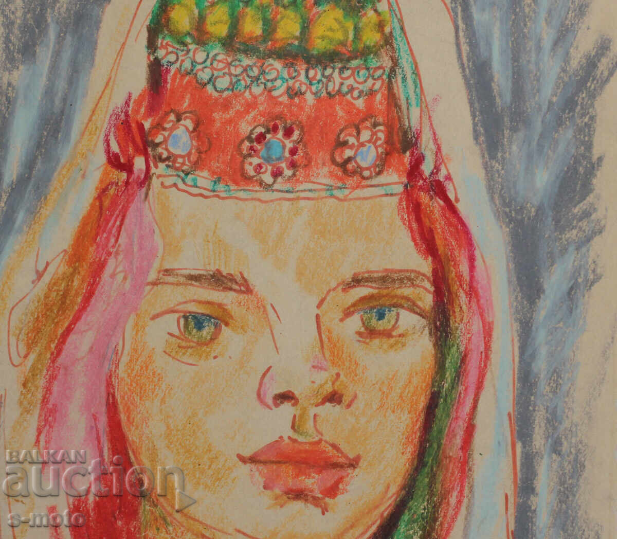 Стара картина пастел портрет жена в носия - 5