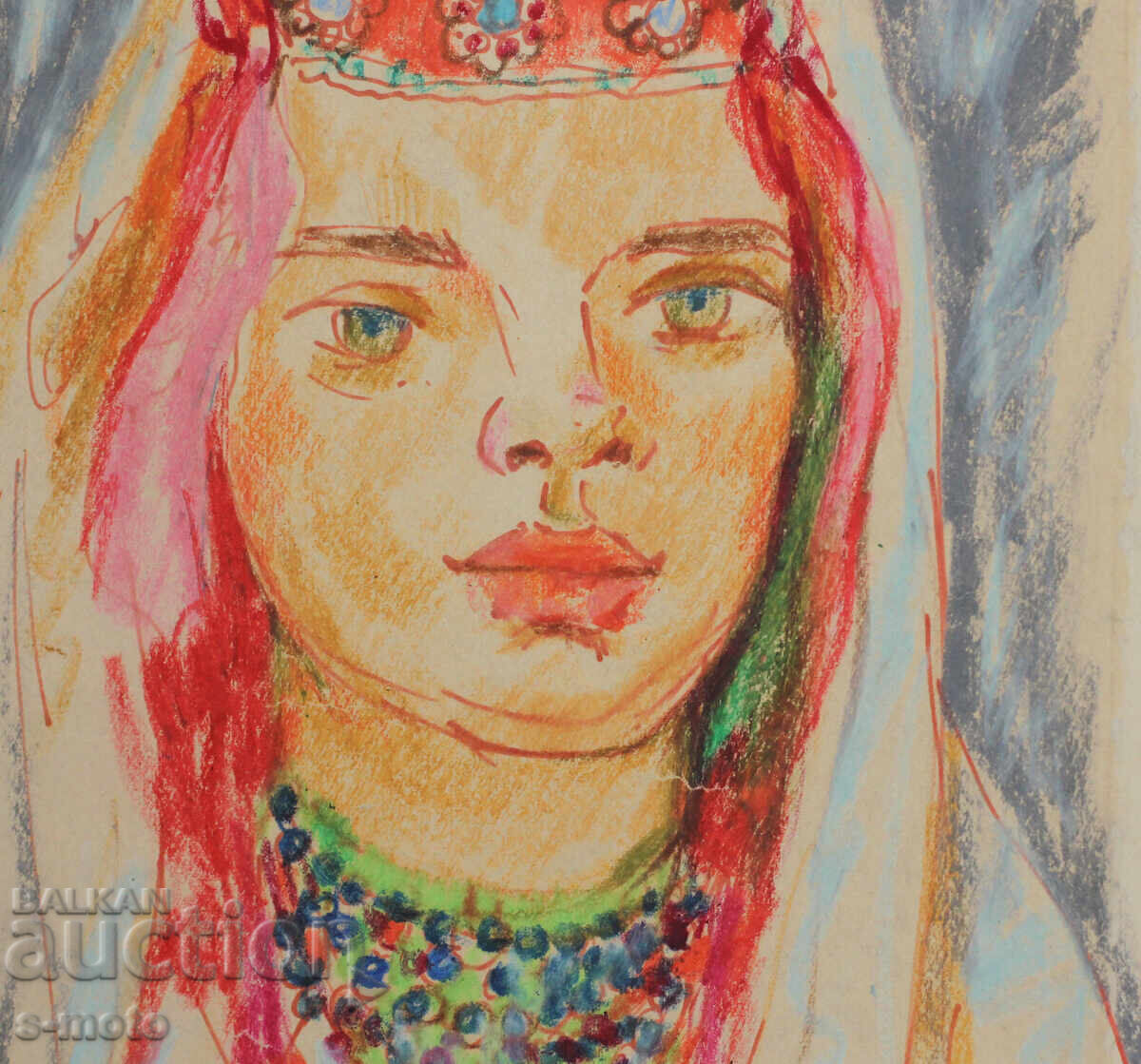 Стара картина пастел портрет жена в носия - 6