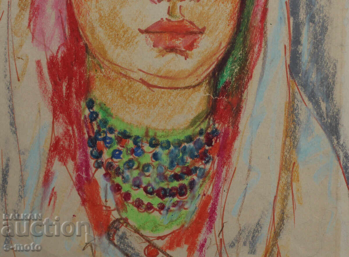 Стара картина пастел портрет жена в носия - 7