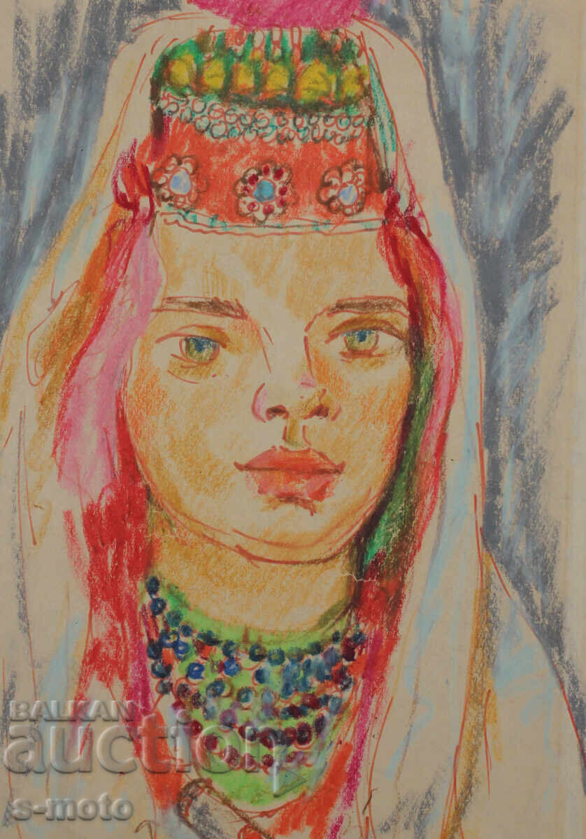 Стара картина пастел портрет жена в носия