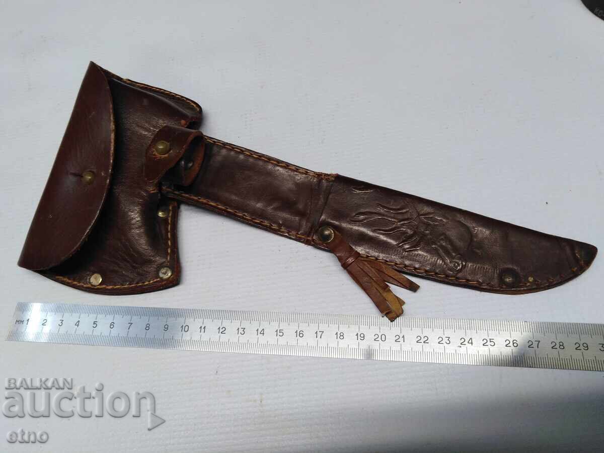 OLD LEATHER SHEATH, CASE FOR AXE AND KNIFE SET OLD LEATHER SHEATH, CASE FOR AXE AND KNIFE SET