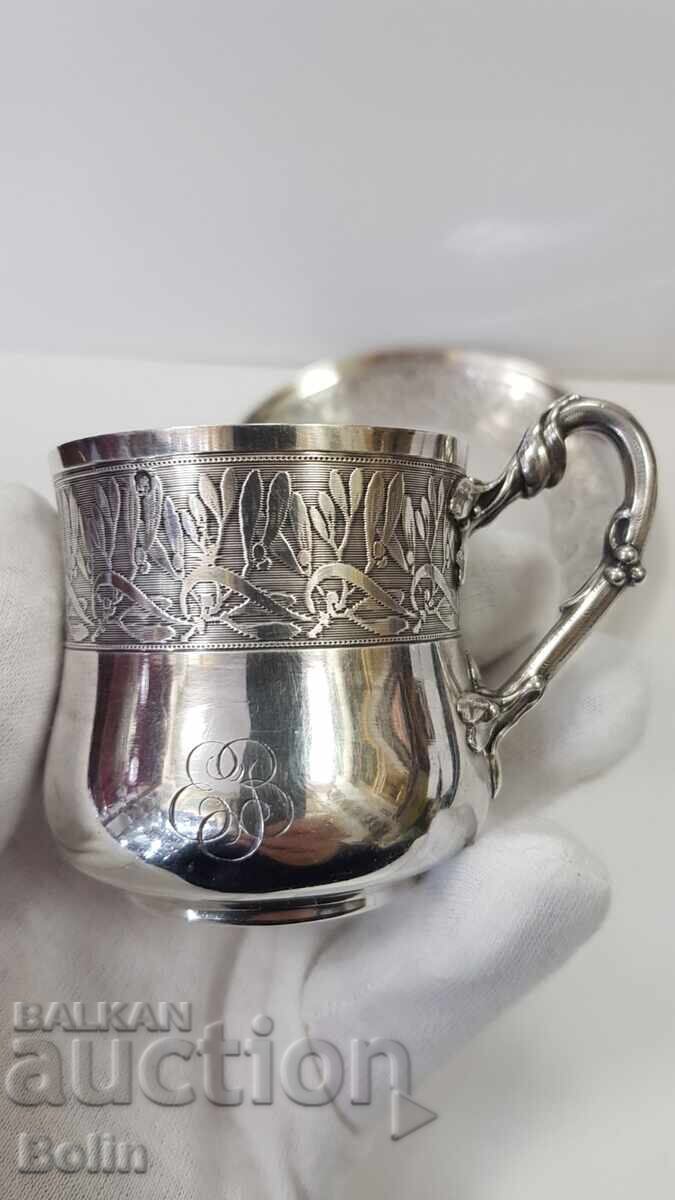 Δημοπρασία Κομψό ασημένιο φλιτζάνι με πιατάκι Γαλλία τέλη 19ου αιώνα